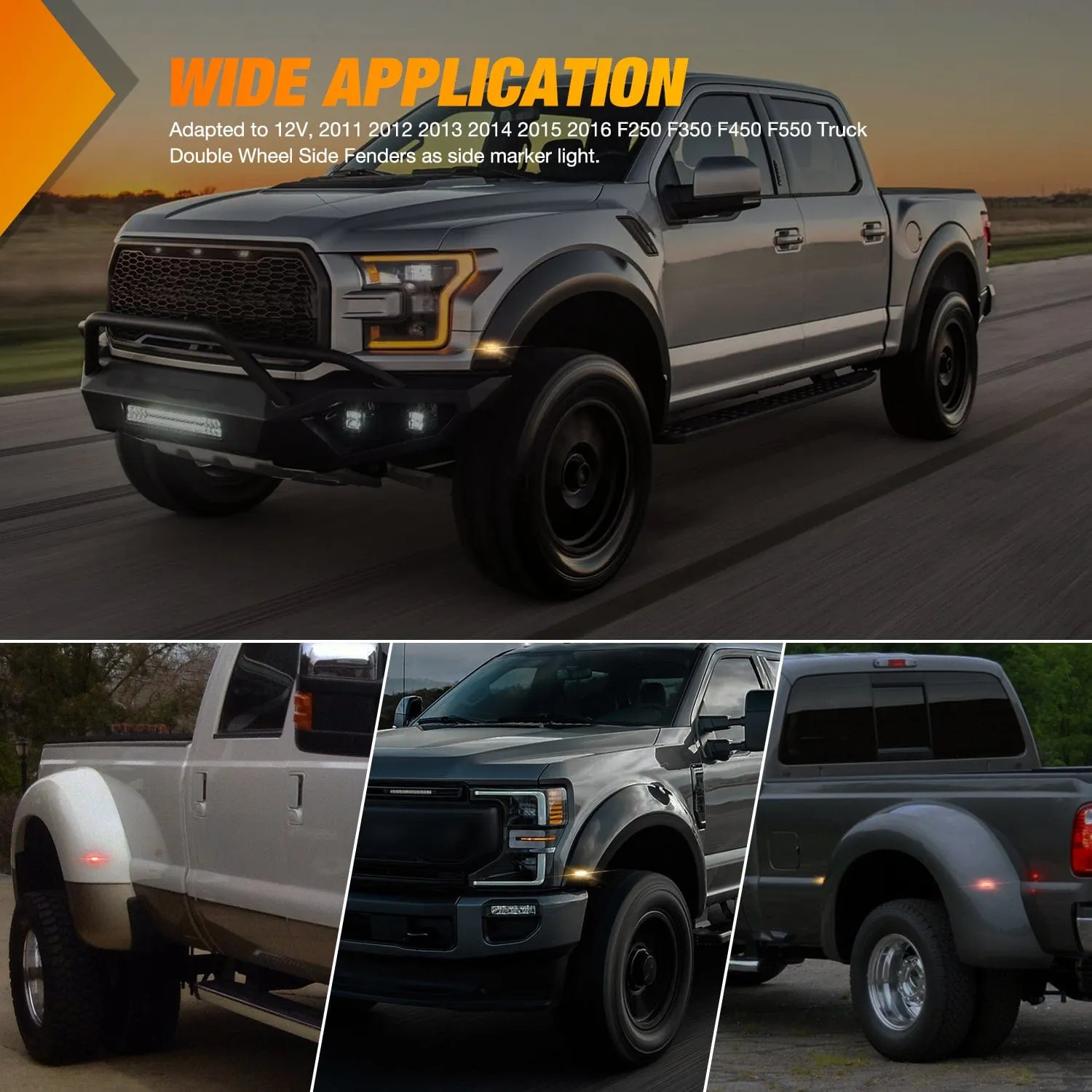 4 PCS 3 LED Red Amber Wheel Fender Side Marker Lights Smoked Lens Compatible With 2011-2016 F250 F350 F450 F550 Super Duty