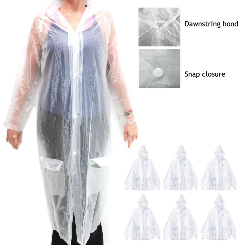 6 Emergency Waterproof Rain Coat Poncho Hood Snap Outdoor PVC Reusable Fit Most