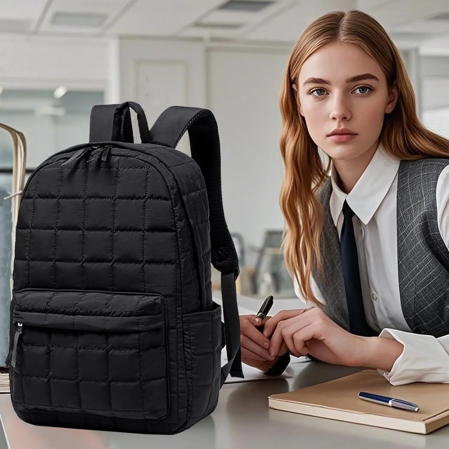 BTOOP Travel Backpack for Women Work Backpack Quilted College Backpacks for School Fit 15.6 Inch Laptop (Quilting-Black)