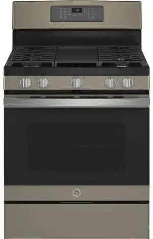 GE JGB735EPES 30 Inch Freestanding Gas Convection Range with 5 Sealed Burners, 5 Cu. Ft. Oven Capacity, Storage Drawer, Edge-to-Edge Cooktop, Self-Clean Steam Clean, Integrated Griddle, and Center Oval Burner: Fingerprint Resistant Slate