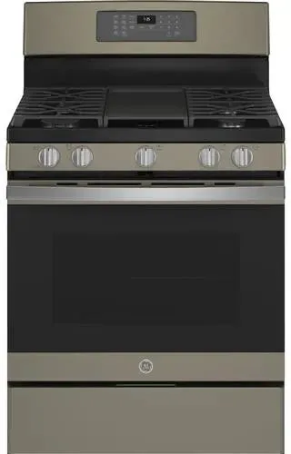 GE JGB735EPES 30 Inch Freestanding Gas Convection Range with 5 Sealed Burners, 5 Cu. Ft. Oven Capacity, Storage Drawer, Edge-to-Edge Cooktop, Self-Clean Steam Clean, Integrated Griddle, and Center Oval Burner: Fingerprint Resistant Slate