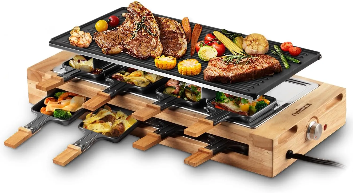 Indoor Grill, CUSIMAX Raclette Table Grill, 1500W Electric Grill Korean BBQ Grill with 2 in 1 Reversible Non-stick Plate/Wooden Base, Party Grill with 8 Trays & Wooden Spatulas, New Model