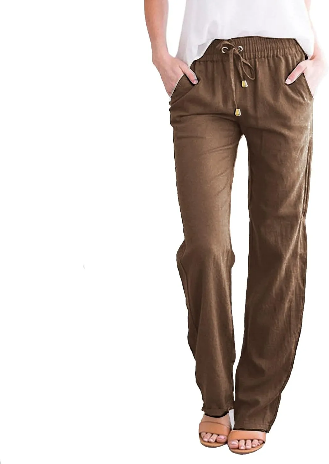 Summer Cotton Linen Pants with Pockets for Women Baggy Wide Leg Stretch Casual Trousers Straight Elastic Waist Lounge Pants