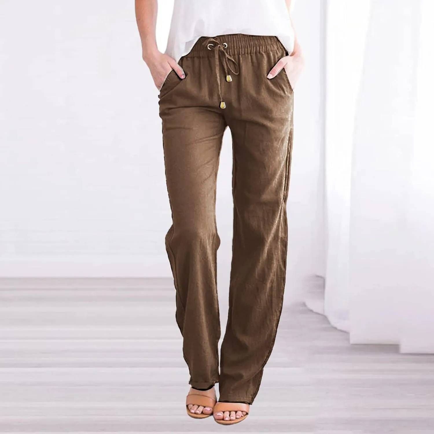 Summer Cotton Linen Pants with Pockets for Women Baggy Wide Leg Stretch Casual Trousers Straight Elastic Waist Lounge Pants