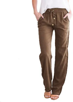Summer Cotton Linen Pants with Pockets for Women Baggy Wide Leg Stretch Casual Trousers Straight Elastic Waist Lounge Pants