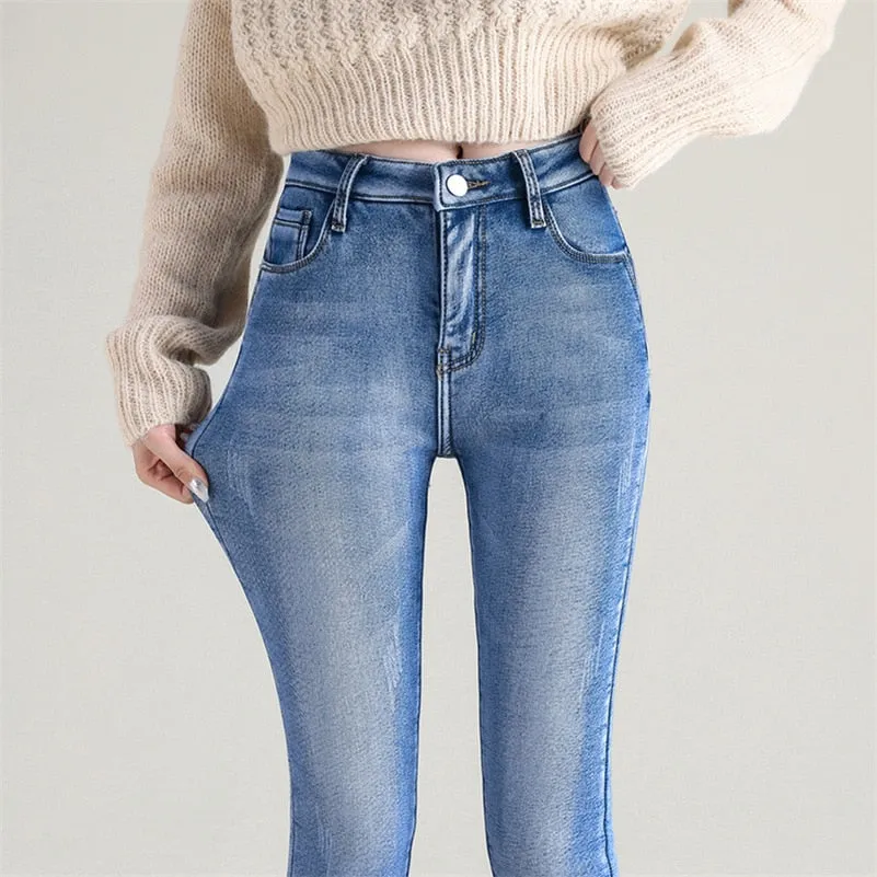 Women Thermal Jeans Winter Snow Warm Plush Stretch Jeans