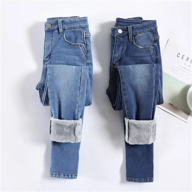 Women Thermal Jeans Winter Snow Warm Plush Stretch Jeans