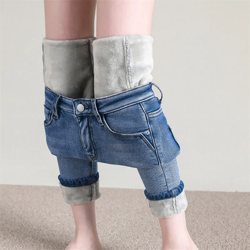 Women Thermal Jeans Winter Snow Warm Plush Stretch Jeans
