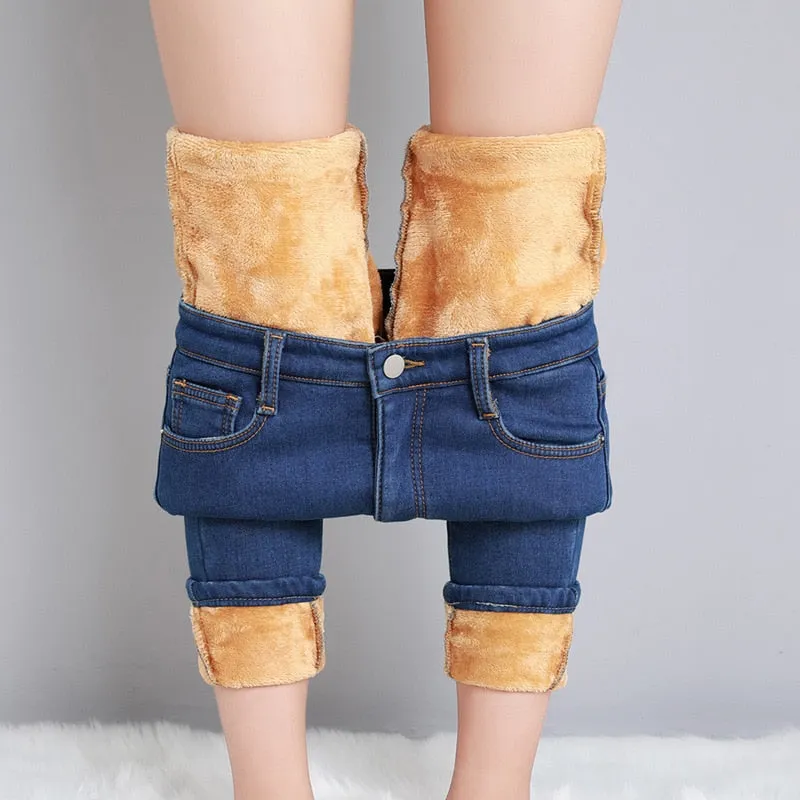 Women Thermal Jeans Winter Snow Warm Plush Stretch Jeans