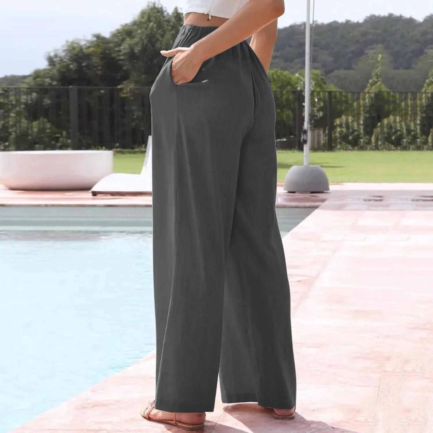 Women's Plus Size Linen Cotton Blend Office Capris Summer Wrinkle-Free Ankle Pants with Hidden Pockets